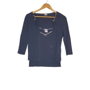 Navy Button-Up Cardigan and Camisole Set with Gray Edging